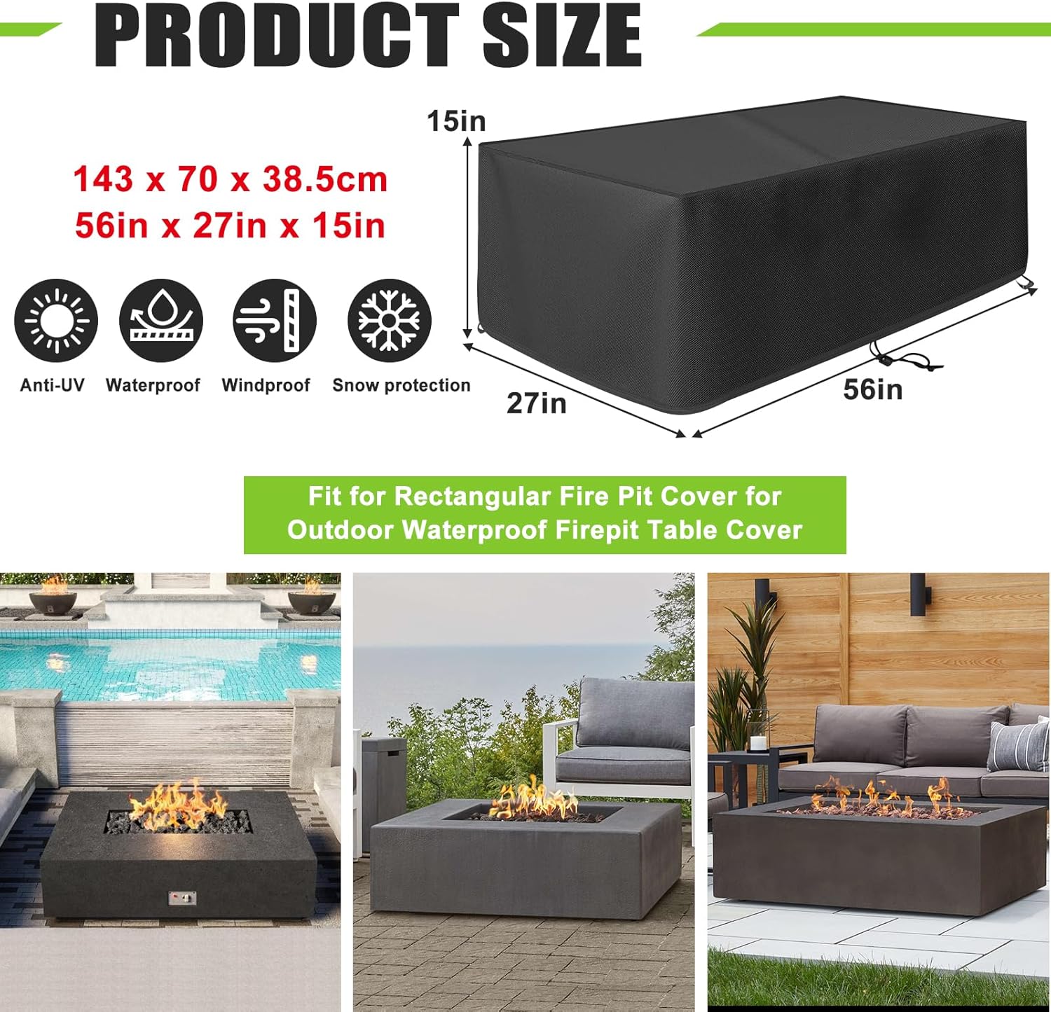 Outdoor 56 Inch Rectangular Fire Pit Cover – 600D Waterproof & UV Resistant Fire Pit Table Cover with Drawstring Fits - Image 2