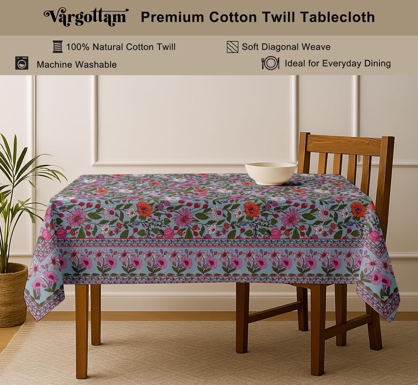 Floral Print Tablecloth - Blue Cotton Twill Fabric, 54X54 Inch Square Dining Table Cover for 4 Seater, Durable, Machine Washable, Everyday Dining, Matching Napkins & Runners Available