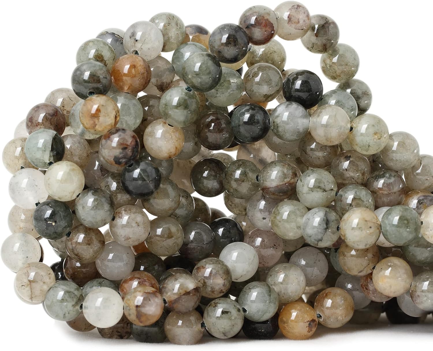 CHEAVIAN 45PCS 8mm Natural Green Phantom Crystal Round Loose Beads for Jewelry Making 1 Strand 15"