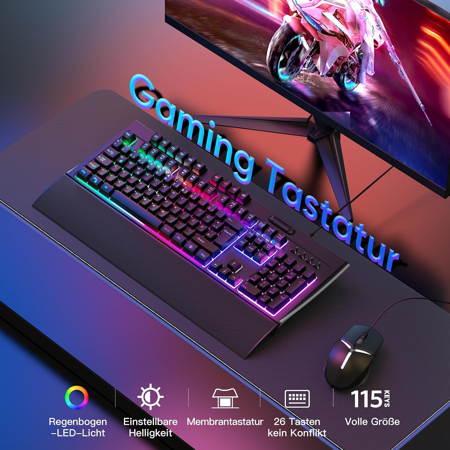 OMOTON WK014 Gaming Keyboard on a desk with a mouse, highlighting features