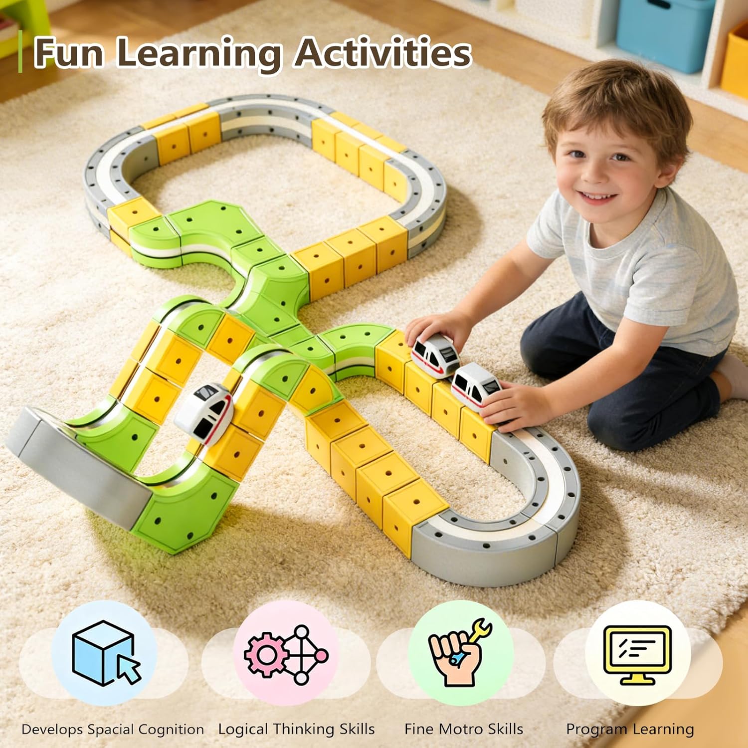 Electric Train Set with Flexible Race Track for Kids 4-8,87PCS Infinity Racer 3D Magnetic Train Set, DIY Track Building Kits, Anti-Gravity Racing Track,STEM Learning Toys Gifts for Boys Girls