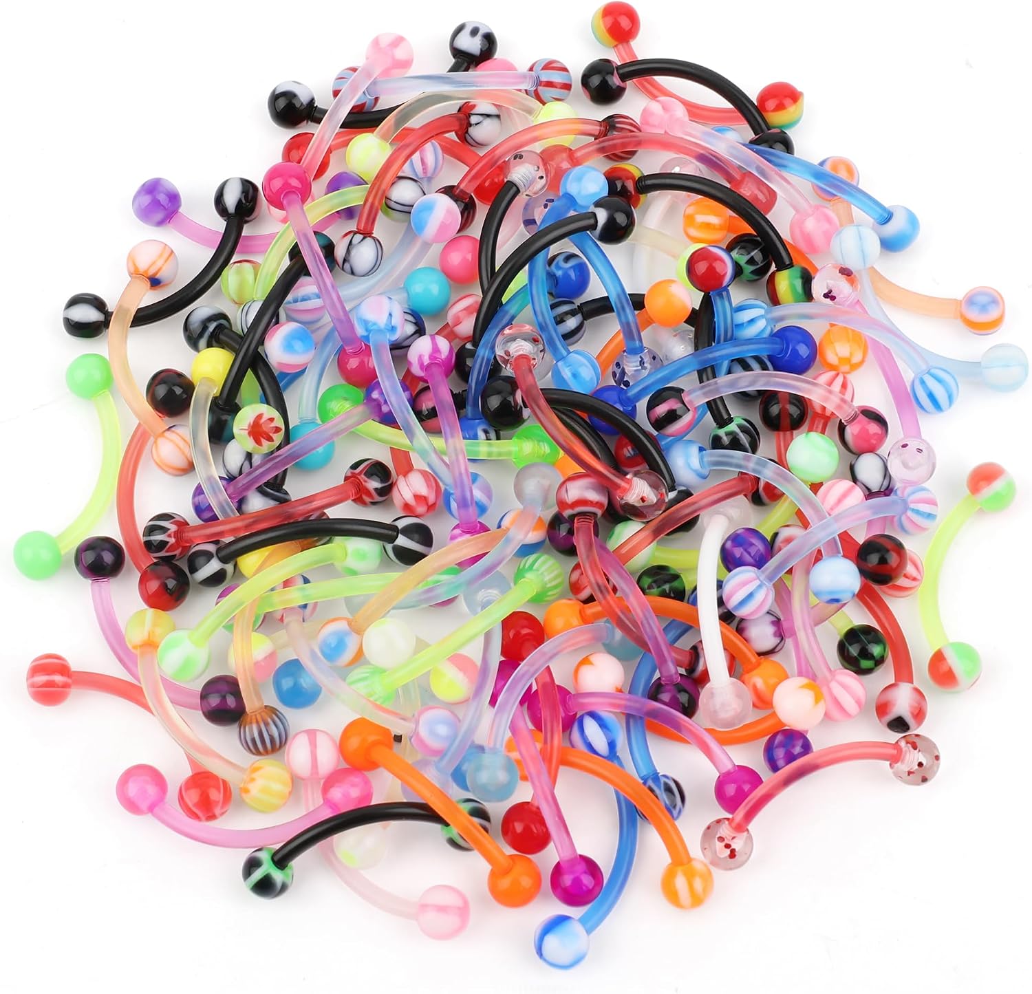CrazyPiercing Colorful Ball Acrylic Flexible Curved Bar Eyebrow Rings Tragus Piercing Jewelry, 16G