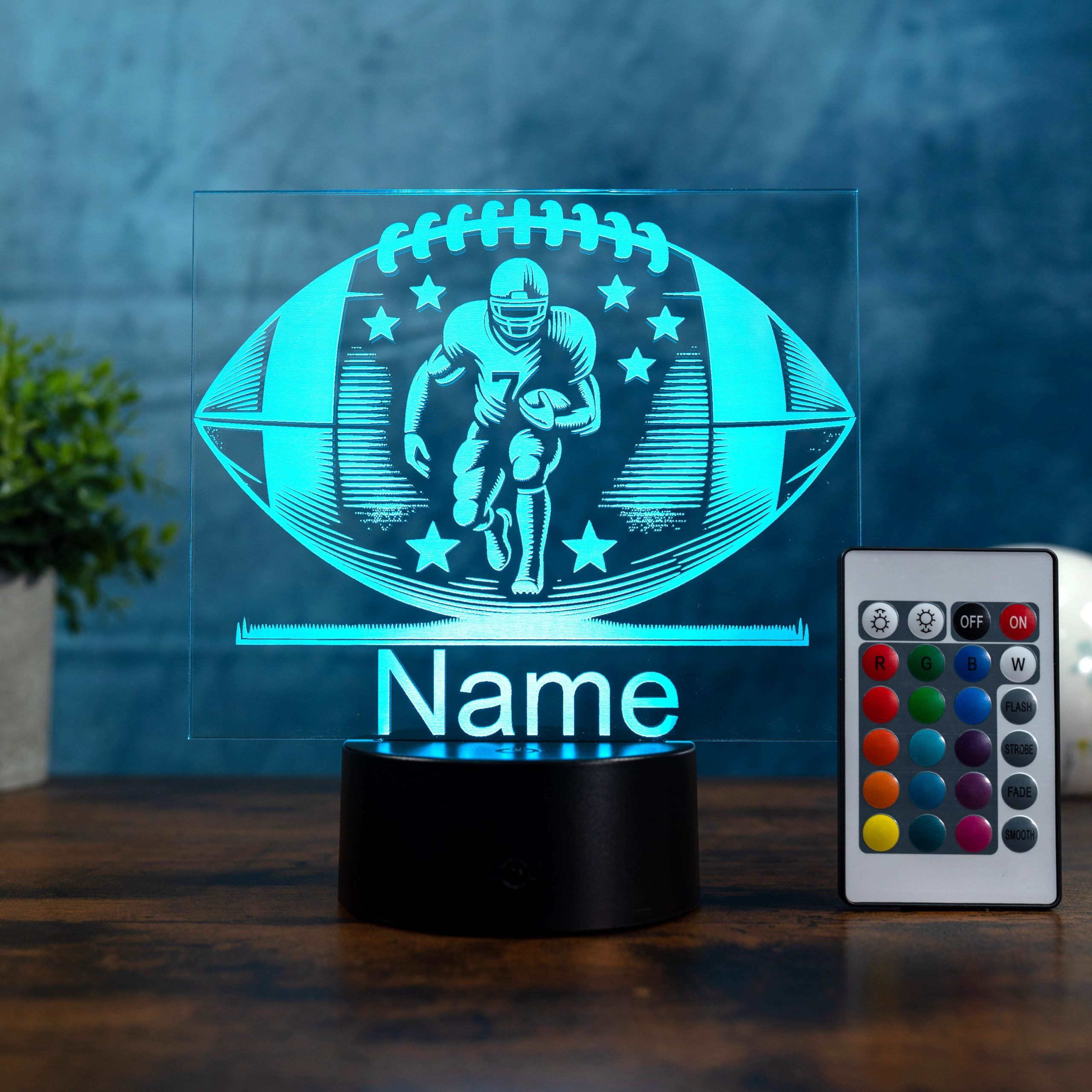 Personalisierte LED Football Lampe – Nachtlicht & Tischlampe mit Name – American Football Geschenk für Kinder, Jugendliche & Erwachsene – Football Deko für Zuhause & Vereinsheim, 16 Farben dimmbar