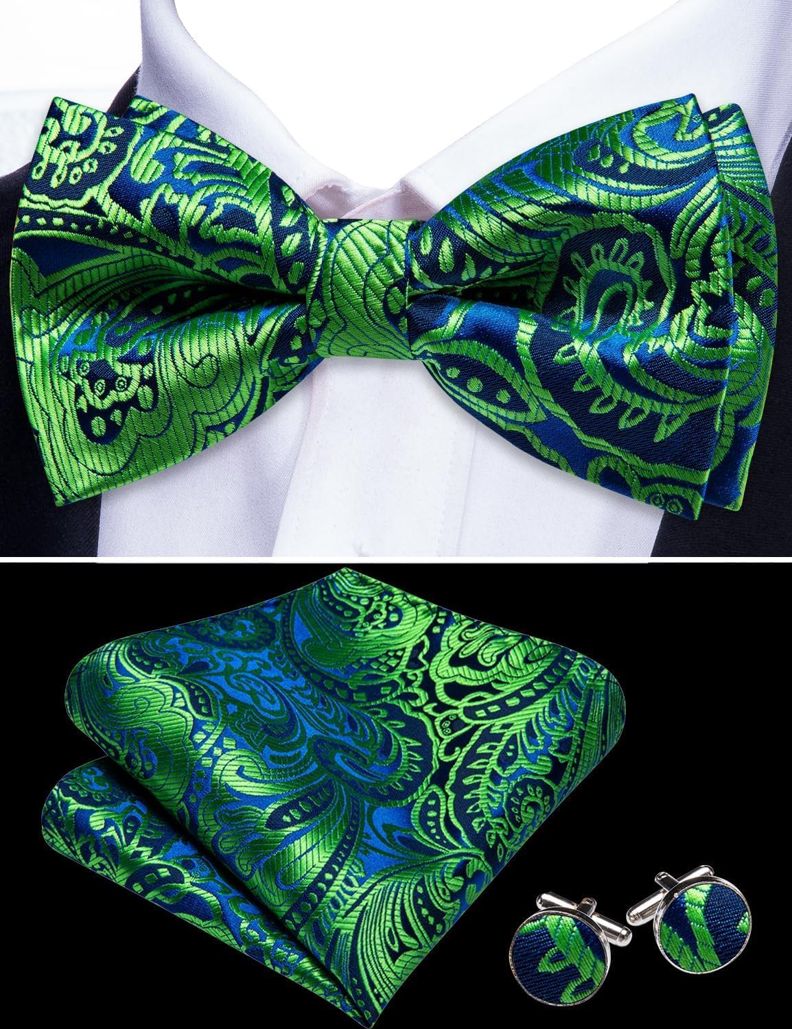 YOHOWA Mens Bow Tie Set Paisley Coloful Pre-tied Bowties Adjustable with Handkerchief Cufflinks Wedding Prom Party - Image 3