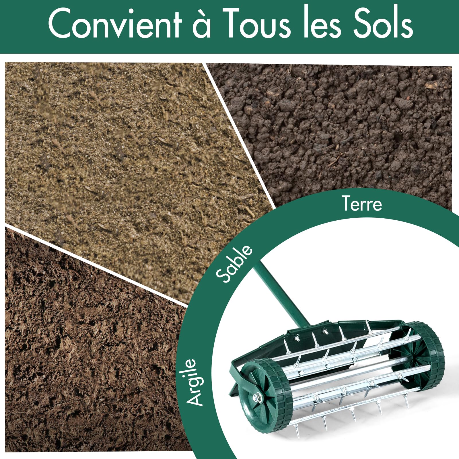 RELAX4LIFE Scarificateur de Gazon à roulettes avec Garde-Boue&Poignée, Aérateur de Pelouse en Métal avec Rouleau à Pointes Rotatives pour Jardin Cour Patio, Vert
