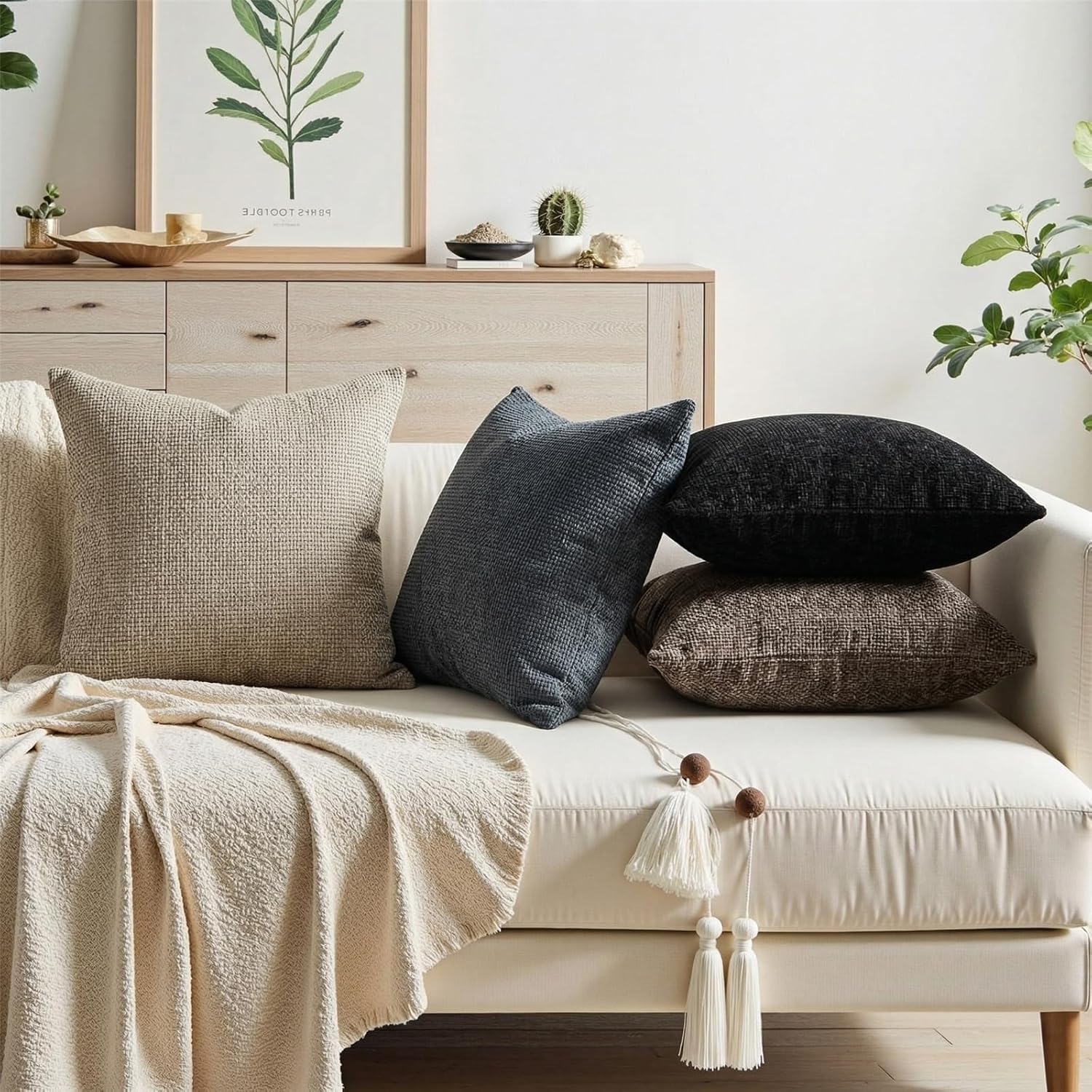 Neutral Set of 4 16x16 Inch Chenille Throw Pillow Covers, Soft Decorative Couch Pillow Covers, Solid Square Cushion Cases for Sofa Bed Living Room Home Decor (Light Brown, Brown, Navy, Black)