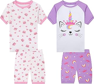 Cotton Pajamas for Girls Toddler Clothes Kids Snug-Fit Pjs Short Sleeves Kids Girl Pjs Sleepwear Pants Set