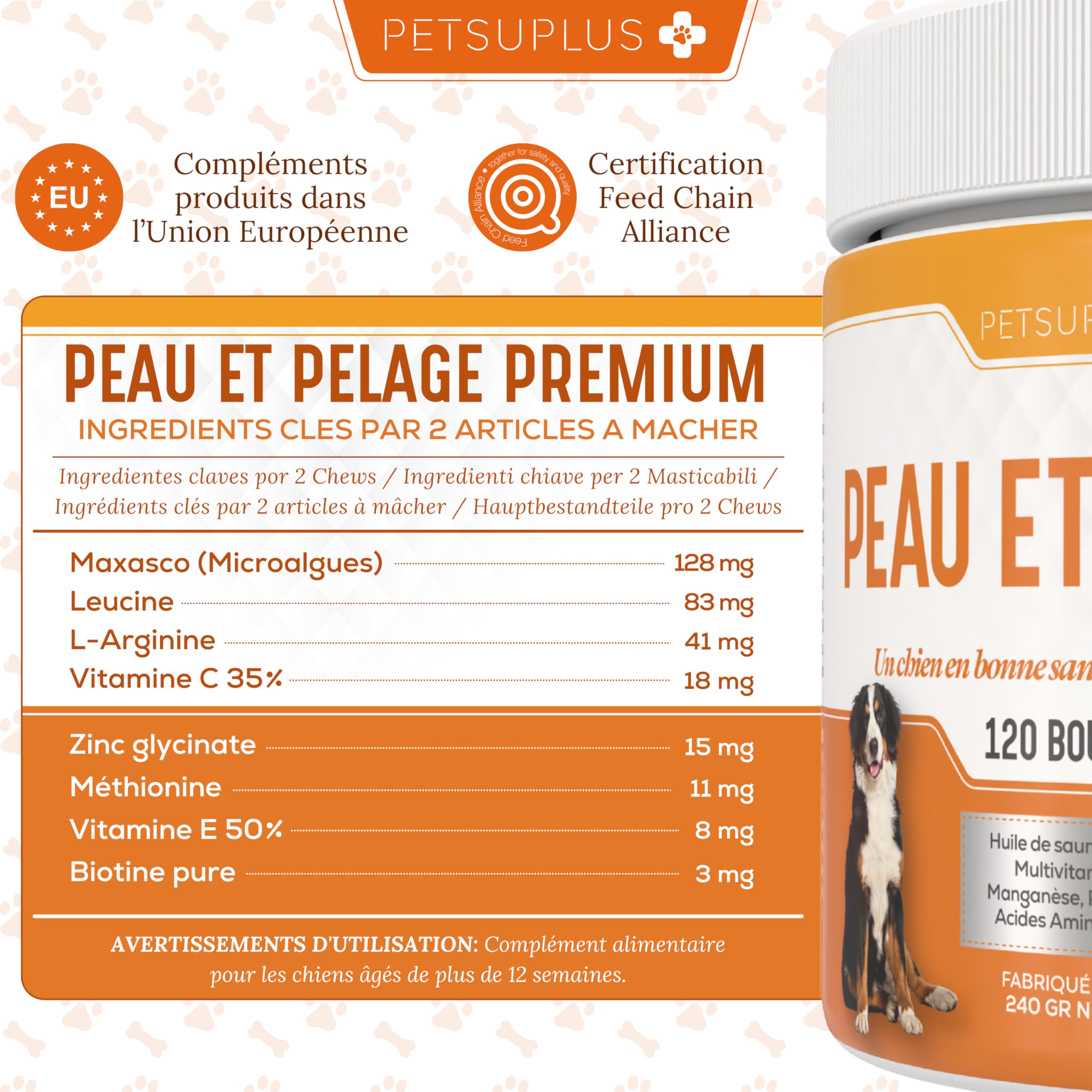 Peau et Pelage - Complement Alimentaire Chien avec Omega 3 et Huile de Saumon pour Chien. Contre Démangeaisons, Peau sèche, Irritations, Perte de Poils et l'Irritabilité - 120 Bouchées