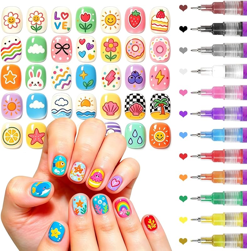Kit de marcadores de bolígrafos para decoración de uñas, 12 colores, punta fina de 0,5 mm, marcadores de esmalte de uñas impermeables de secado rápido para dibujar y puntear, herramientas de manicura de salón en casa, regalo para mujeres