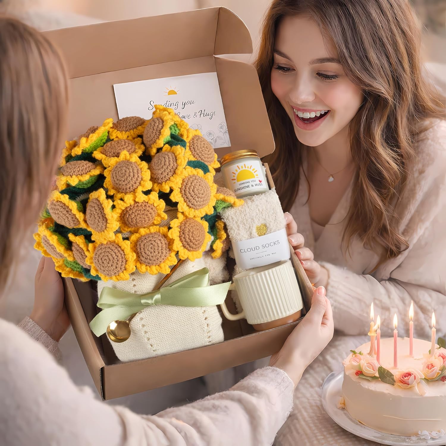 Get Well Gifts for Women, Sunflower Flower Bouquet Blanket Gift Basket, Encouraging Care Package for Her, Thank You & Thinking of You Gifts, Cozy Throw with Mug Candle Socks (Sunflower Bloom)