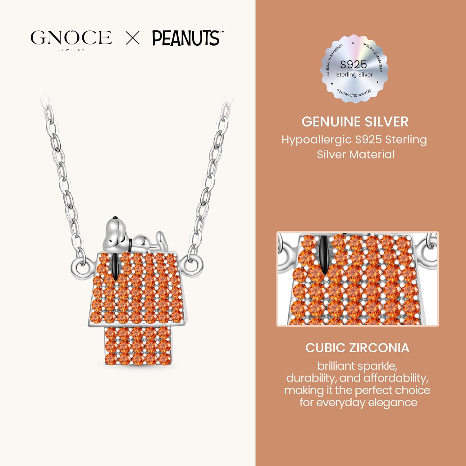 GNOCE Peanuts Lying Snoopy Doghouse Diamond Pendant Necklace for Women, S925 Sterling Silver Pendant Necklace for Her Wife, Valentine‘s Day, Mother’s Day Jewelry Gift