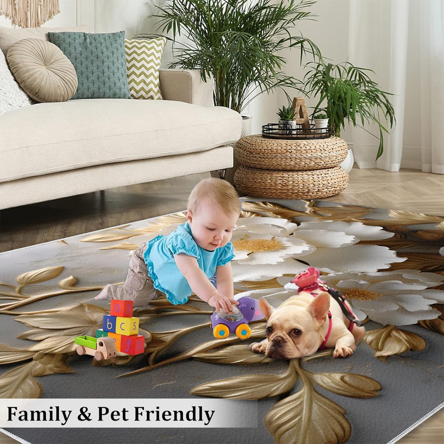 3D Floral Area Rugs for Entryway - White Gold Flower Area Rug, 3x4 Rug, European Luxury Washable Non Slip Rugs, Floral Botanical Carpet, Aesthetic Carpet Home Decor - Flower Gifts for Woman