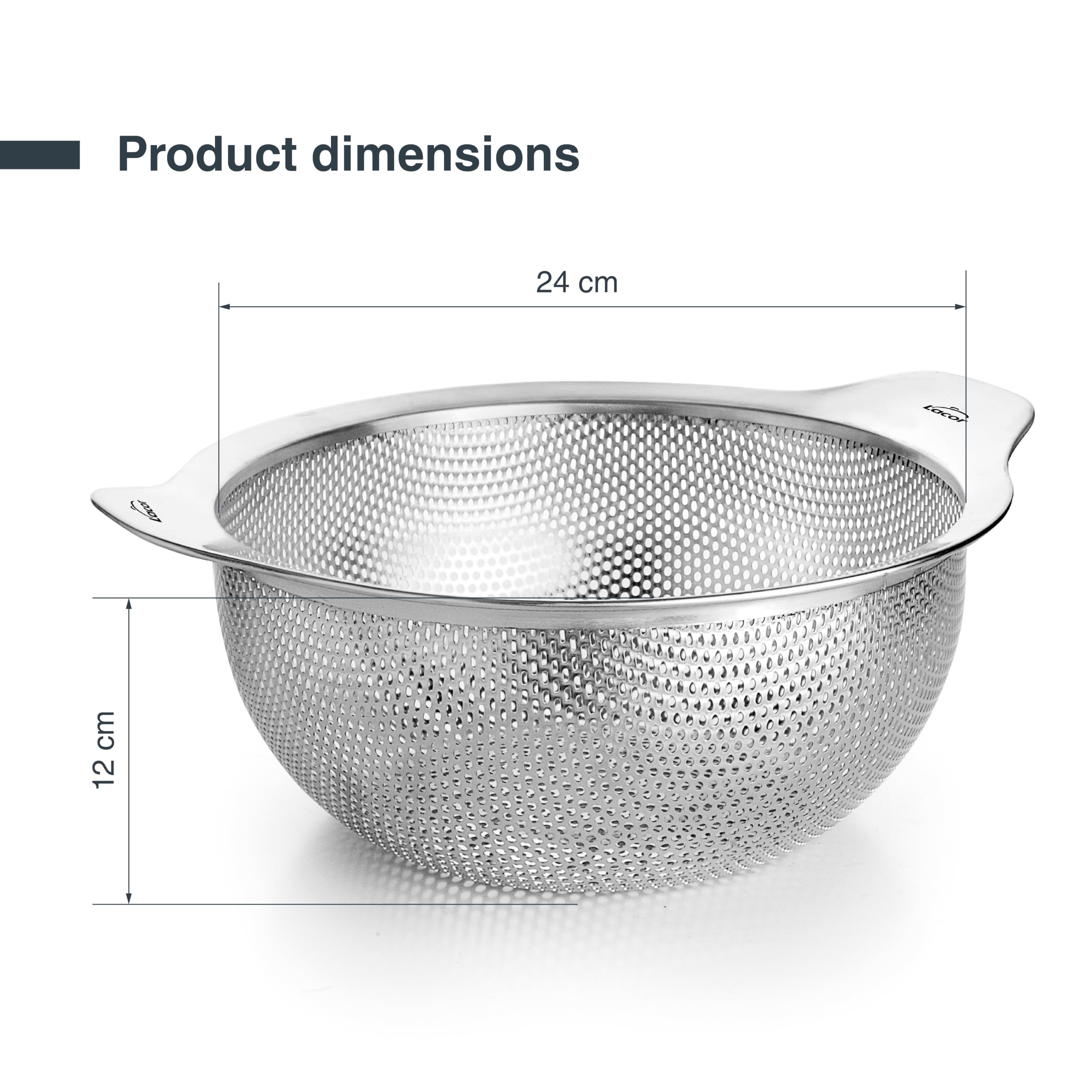 Lacor 62736 - Scolapasta Cucina Inox, Acciaio Inossidabile 18/10 e Ø24 cm | Grande contenitore impilabile con manici per scolare verdura o pasta. Adatto a pentole e lavastoviglie.