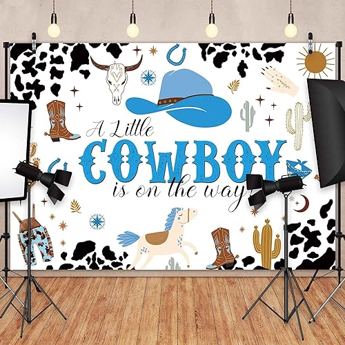 Miniatura 3 de Felortte Telón de fondo de poliéster de 7 x 5 pies diseño de un pequeño vaquero en el camino para baby shower telón de fondo de fotografía de roeo