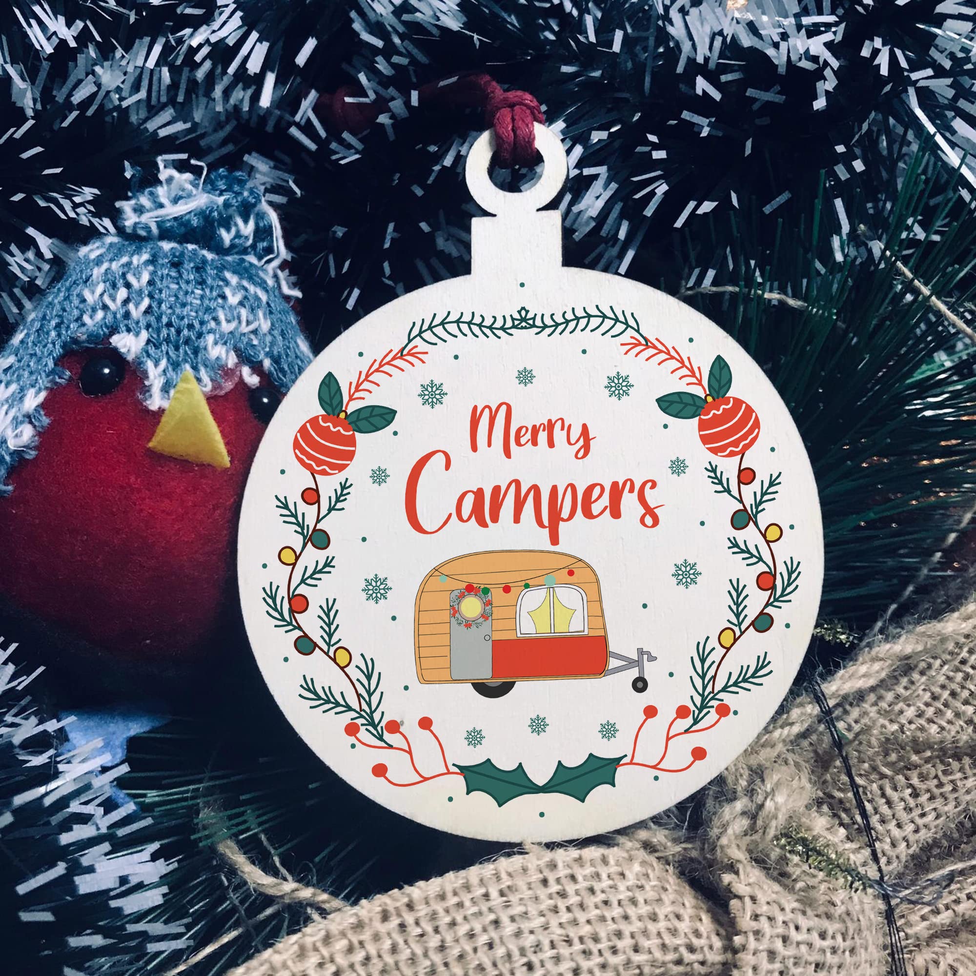 Red Ocean Brown Novelty Caravan Wood Bauble Design Merry Campers Caravan Lover Gift For Friend Family