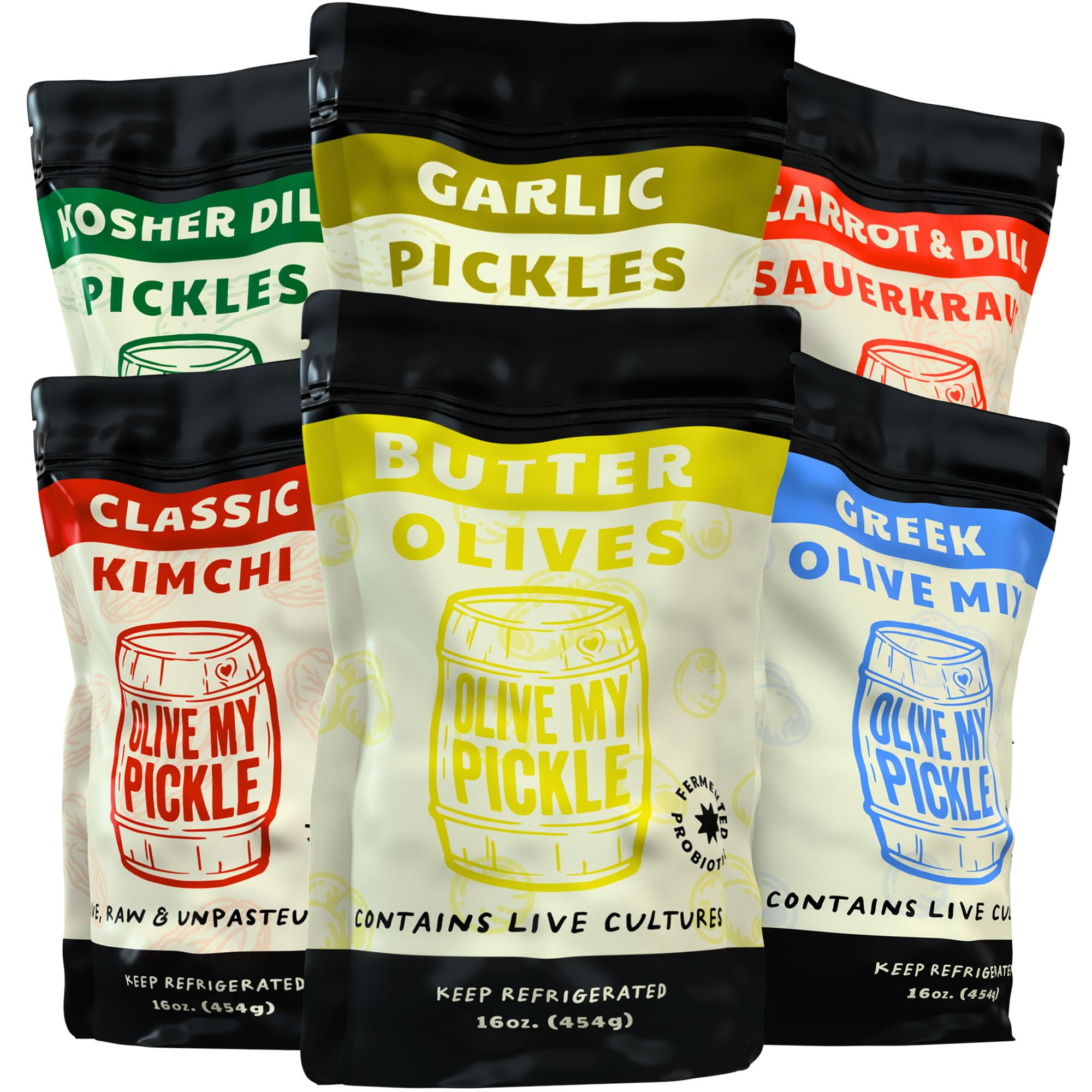 Olive My Pickle Fermented Pickles, Sauerkraut, Olives and Kimchi | Whole30 6-Pack of Carrot & Dill Sauerkraut, Garlic & Kosher Dill Pickles, Classic