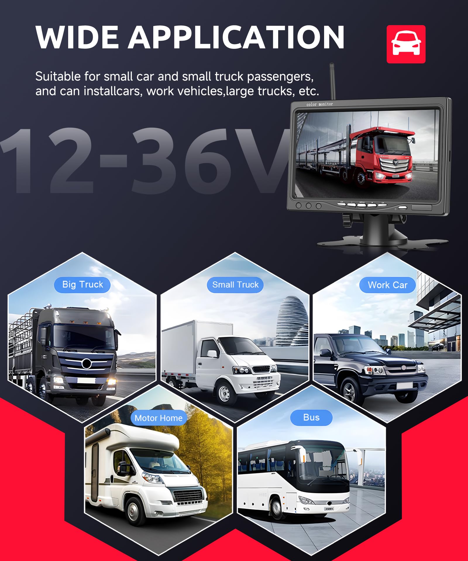 Rimoody Kabellos Rückfahrkamera Set mit 7 Zoll Monitor, 1080P Funk Rückfahrkamera IP68 Wasserdicht, Nachtsicht, BSD, Image Flip, Rückwärtshilfe für LKW/Bus/Van/Wohnmobile/Anhänger/Landfahrzeug 12V-36V