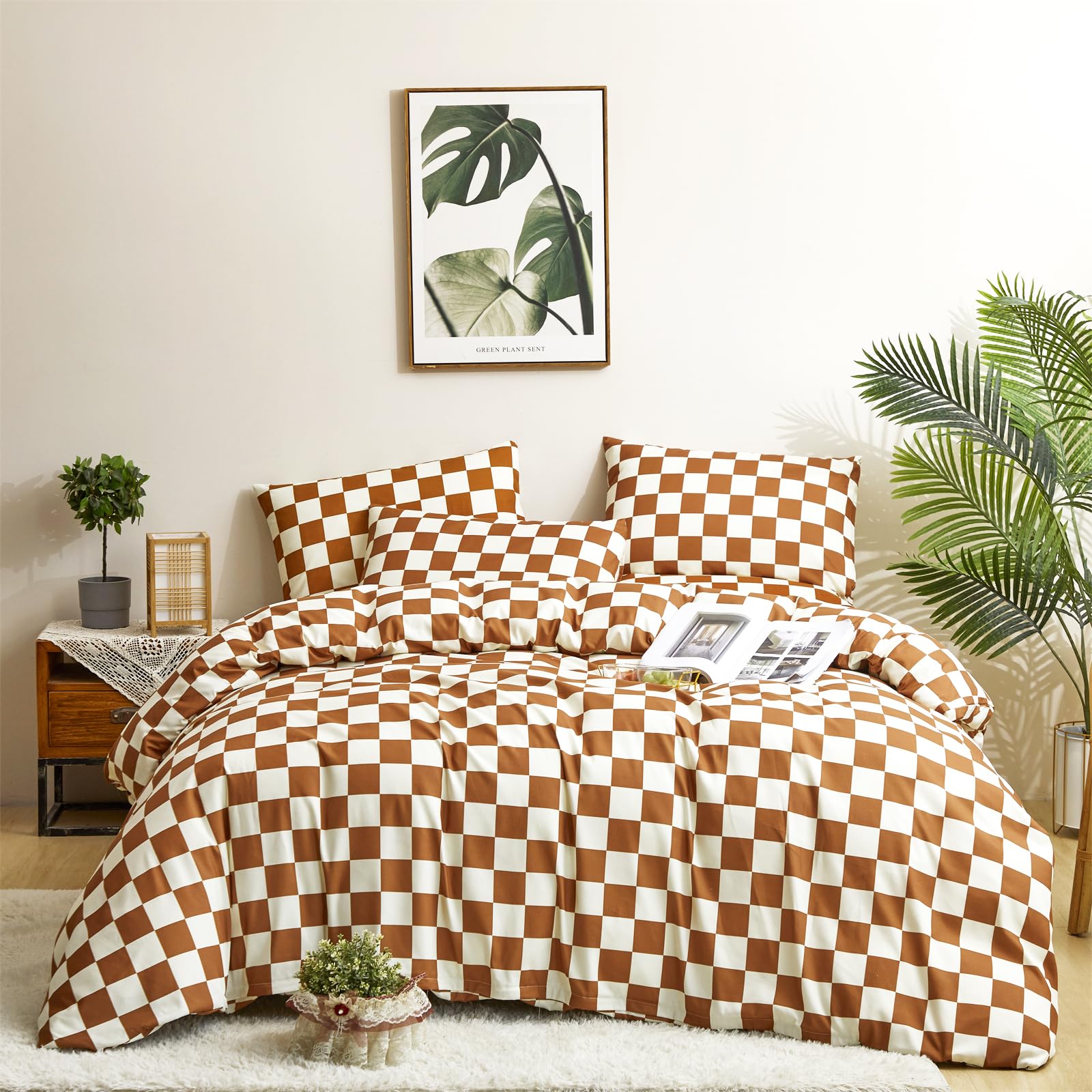 CLOTHKNOW Brown Beige Plaid Queen Comforter Set 3Pcs Grid Bedding Comforter Sets Soft Caramel Queen Comforter Checker with 2 x Pillow Cases