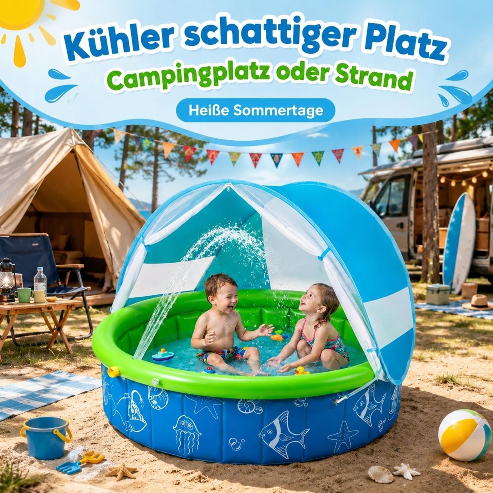 Kinderpool Mit Sonnendach - Faltbares Planschbecken | UV Schutzdach | 100 X 100 X 30 Cm - Faltbar Mit Tragetasche | UV Schutz Und Sichtfenster | Für Garten Camping Park Und Reisen