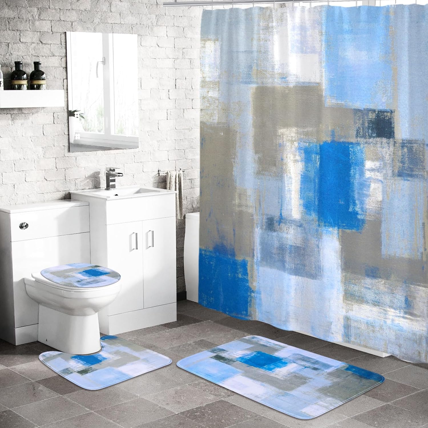 MitoVilla 4 Pcs Blue Sky Rustic Bathroom Sets with Shower Curtain and Rugs for Paint Brush Bathroom Decor, and Chair Covers for Dining Room Set of 6, 2 Item Bundle