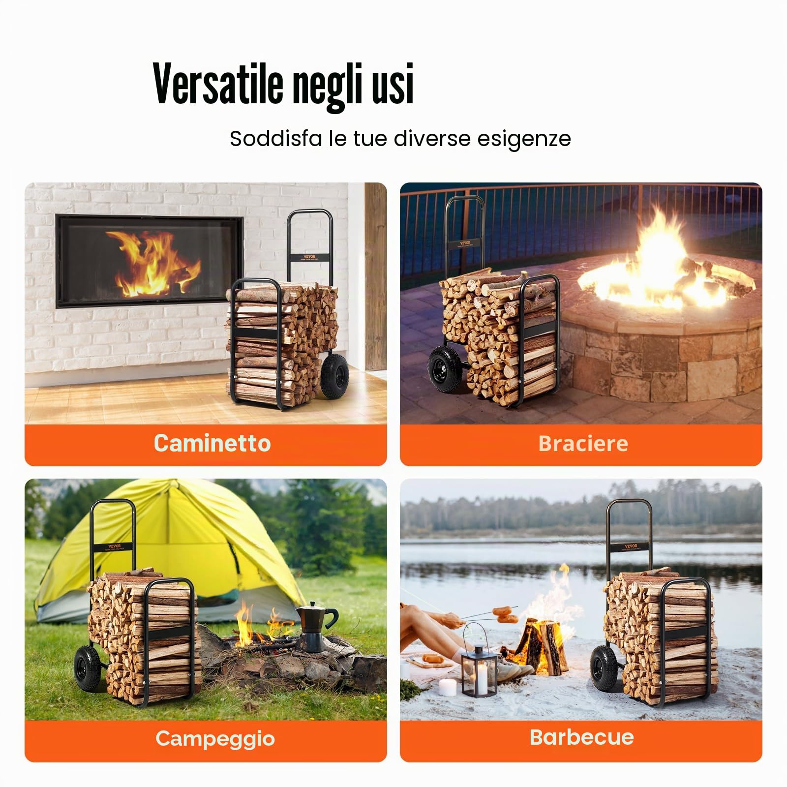 VEVOR Carrello per legna da ardere, 113,4 kg, per esterni e interni, con ruote pneumatiche, trasportatore in acciaio resistente, supporto per camino