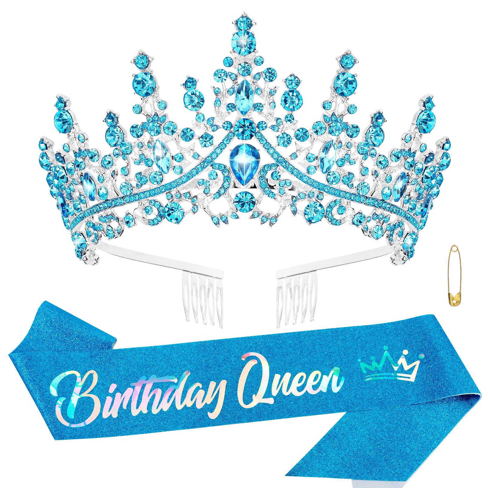 Birthday Queen Sash Blue Tiara Crown Tiaras and Crowns for Women Girls Crystal Princess Tiara Rhinestone Headbands Quinceanera Crown Headpieces Happy Birthday Decorations Accessories for