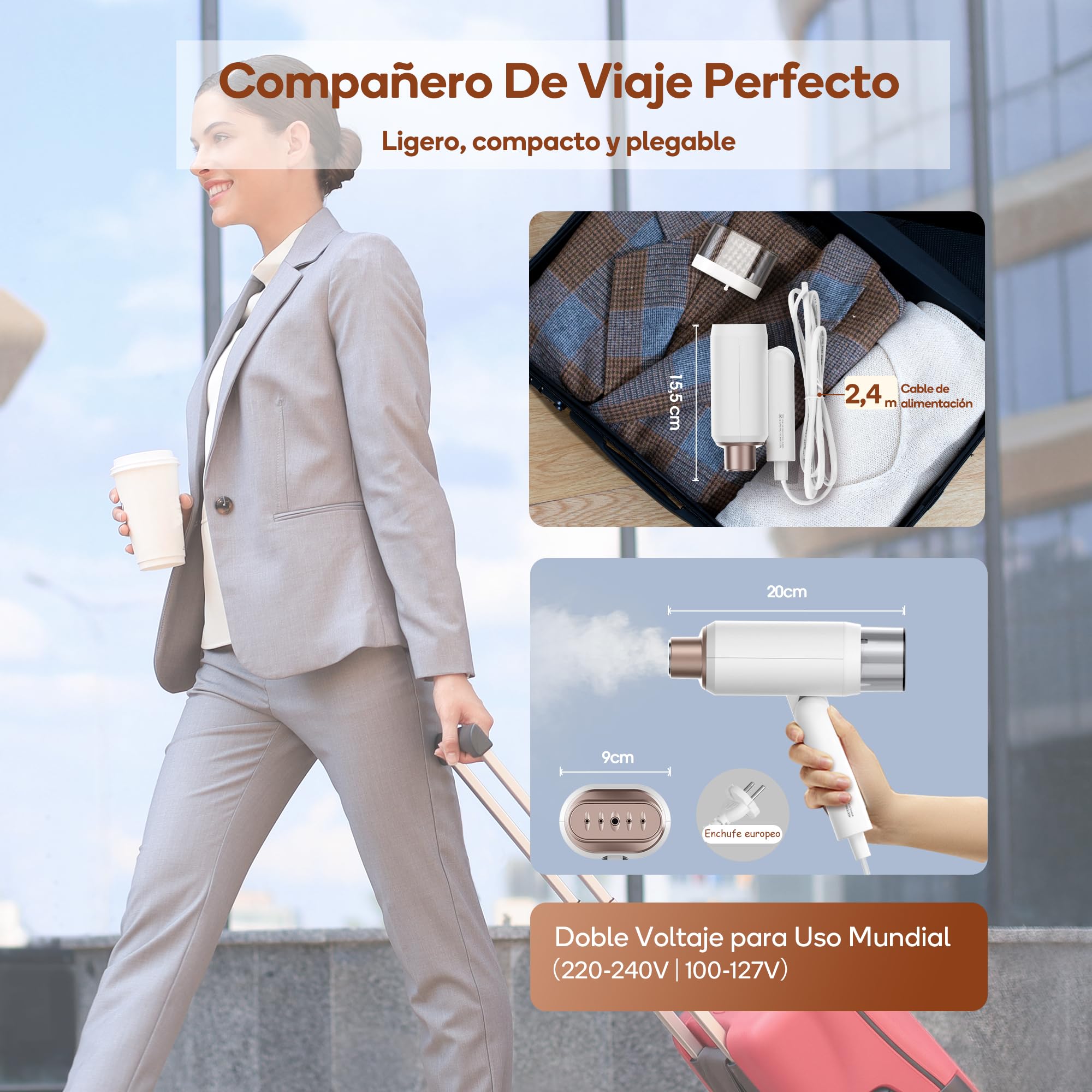 Newbealer Plancha Vertical Vapor, Plancha de Ropa Portátil Doble Voltaje 100V-240V para Viaje, 20s Calentamiento Rápido y Autoapagado, Tanque de Agua Removible de 180 ml