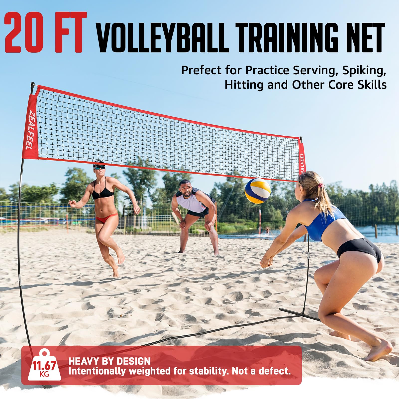 ZEALFEEL Filet de Volleyball Exterieur Réglable 3,6m/6,1m avec Sac de Transport, Filet Volley Piscine Portable pour Jardin, Plage et Intérieur, Volley et Badminton