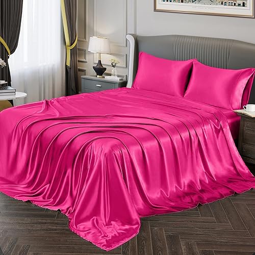 Vista 194 de Vonty Satin Sheets King Silky Soft Satin Bed Sheets Amber Beige Sheet Set, 1 Deep Pocket Fitted Sheet + 1 Flat Sheet + 2 Pillowcases