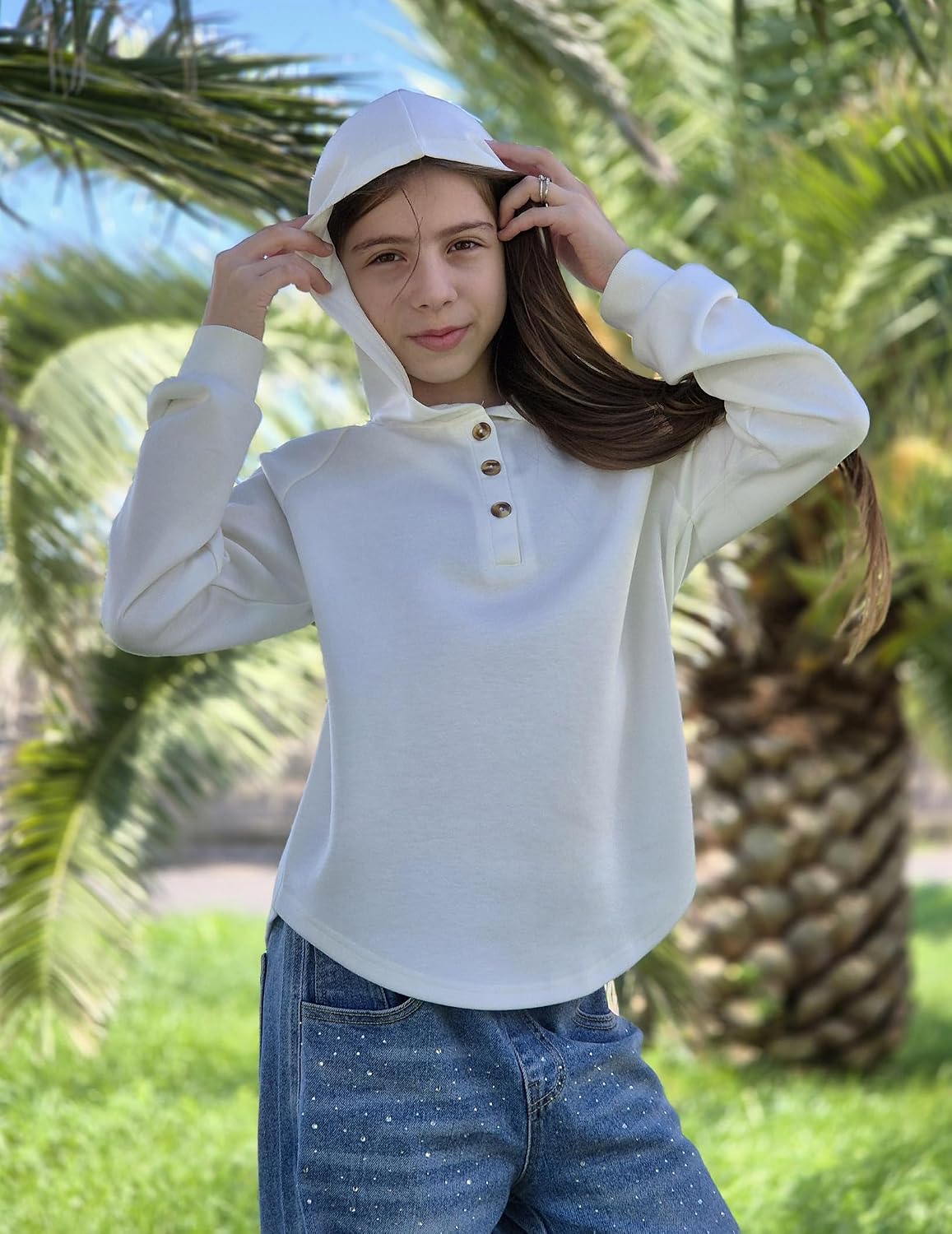 Arshiner Girls Button Up Hoodies Kids Casual V Neck Sweatshirt Girl Long Sleeve Shirts Tunic Tops Curved Hem