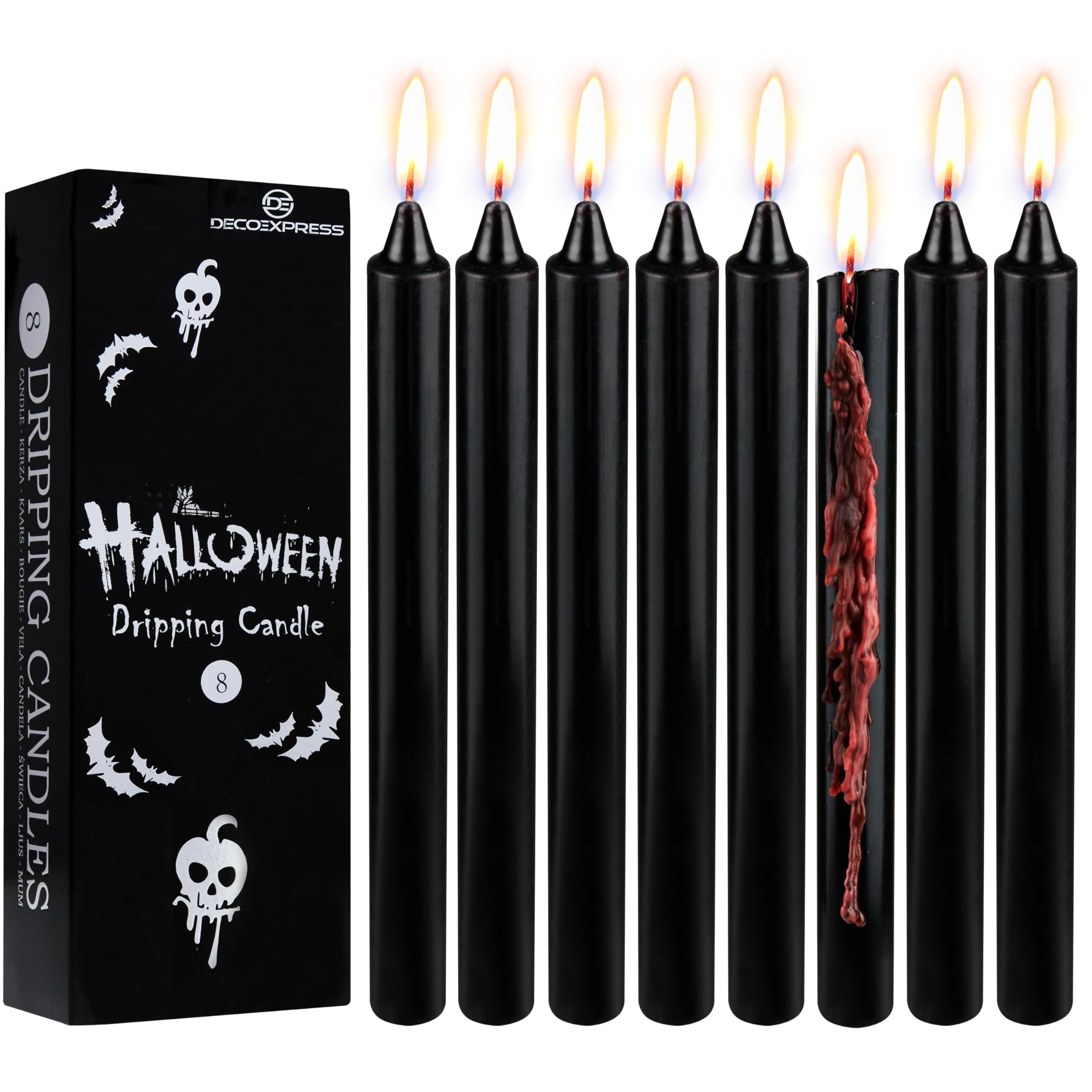 Deco Express Candles Dripping Effect Taper Set of 8 Halloween Black Wax Gothic Decor Horror Party Decorations 5 Hr Burn Tall Candles (Black Drip)