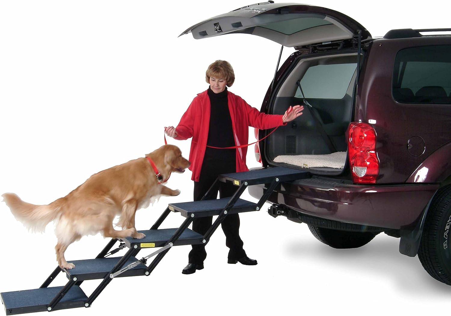 Ultra Light 14.5 Platform, 5-Step, Made in USA. Folding pet Stairs can add or Remove Platforms.Safely Carries 250 Pound Pets. Compact, Carpeted USA Materials