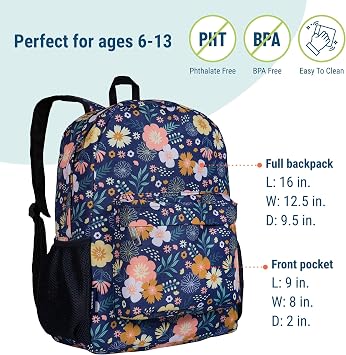 Wildkin 16-inch Kids Backpack Durable, Padded & Spacious School Bag for Boys & Girls - Wildflower Bloom