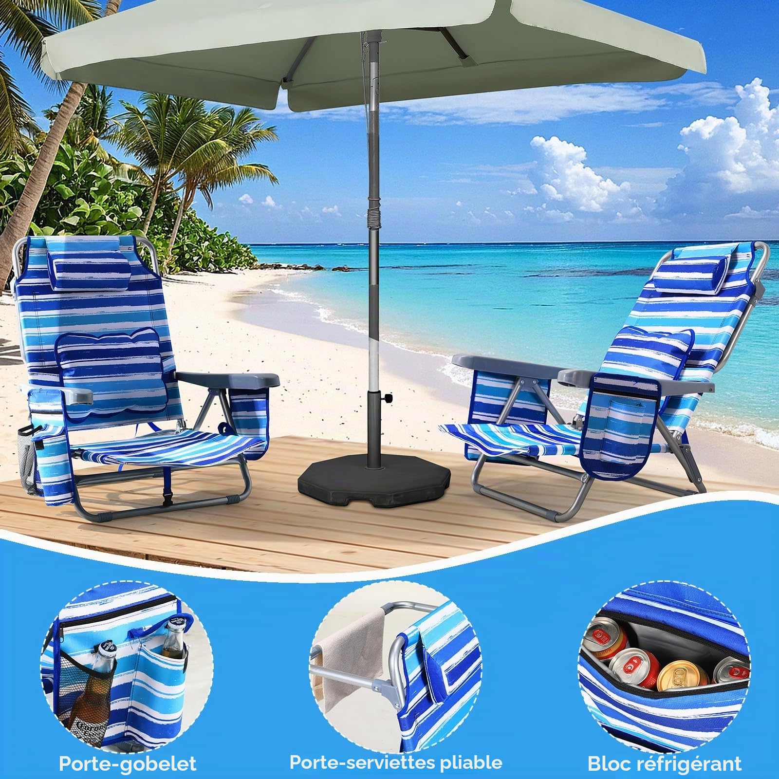 LIFERUN Chaise de Plage,Sac à Dos,Lot de 2,avec Coussin Lombaire,Bleu