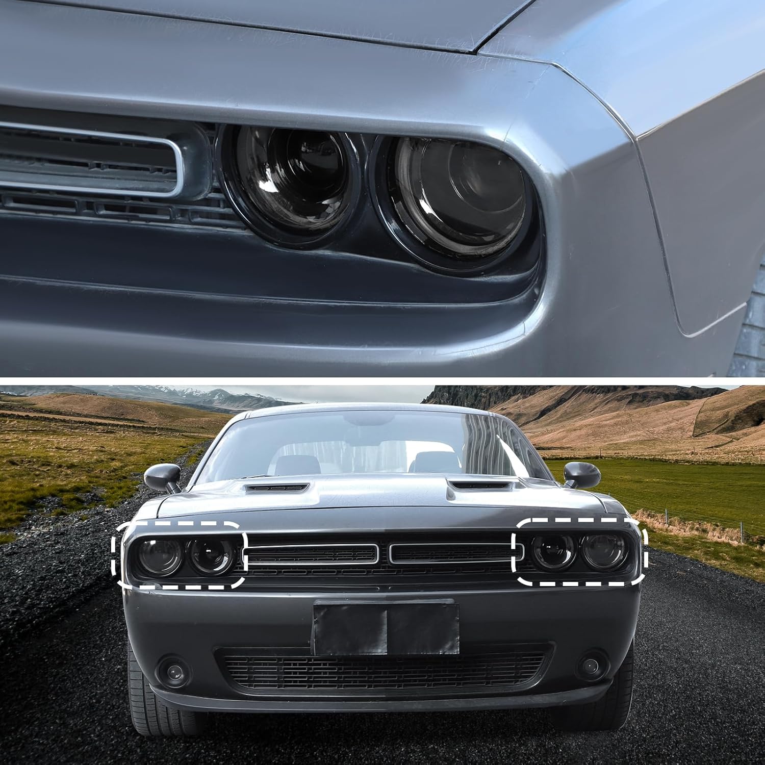 CheroCar Smoked Black Front Headlight Cover Exterior Light Trim Decoration Compatible with 2015-2026 Dodge Challenger Exterior Accessories