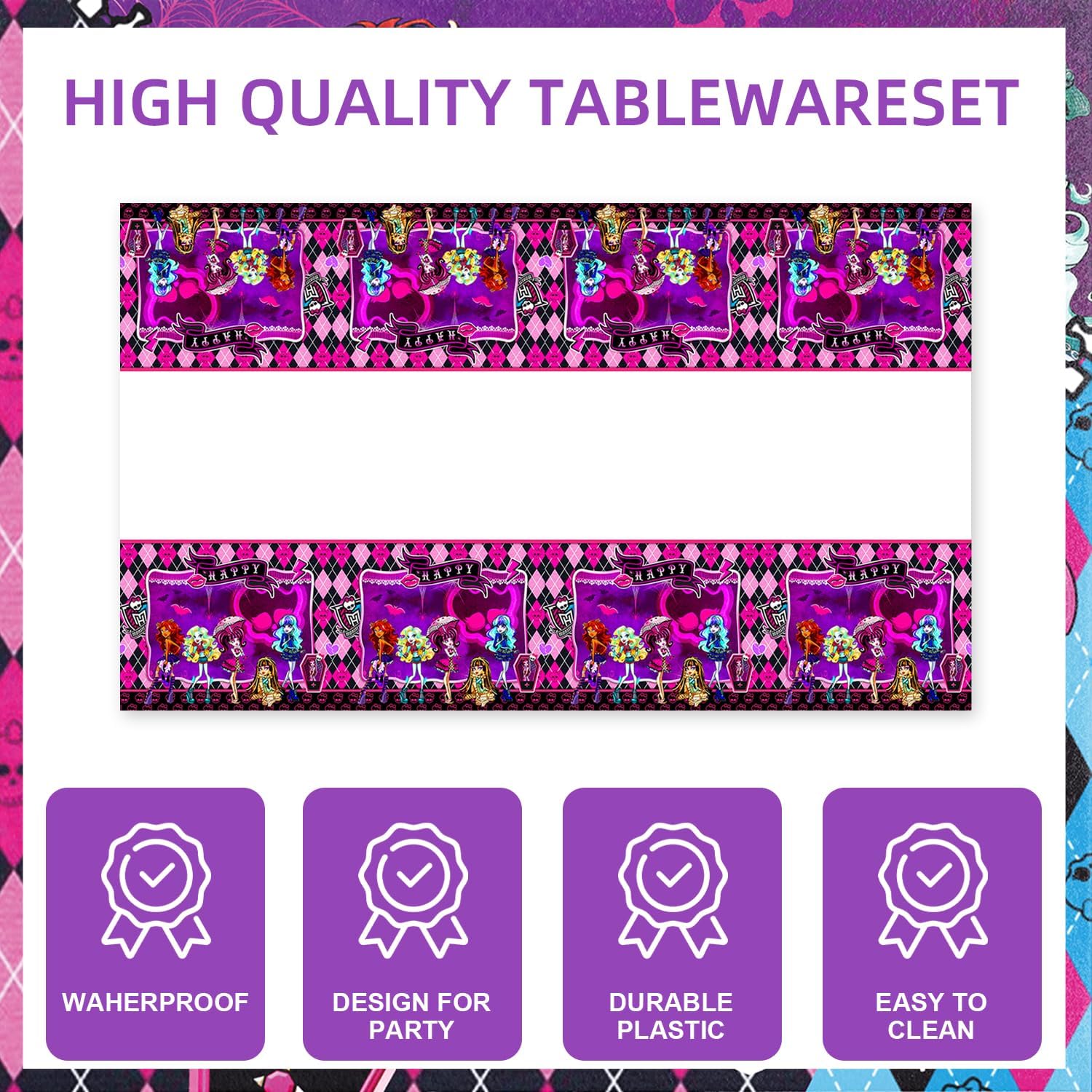 141Pack Monst-High birthday Party Supplies include 7''plates,9'' plates,Tablecloth,Forks,Kinfes,Spons,napkins，cups for the Monst-High party decoration