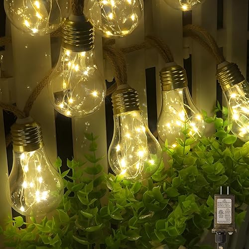 Tira de luces para exteriores, luces de patio de 32.8 pies con 20 bombillas inastillables, cuerda de cáñamo vintage, 8 modos de enchufe y control