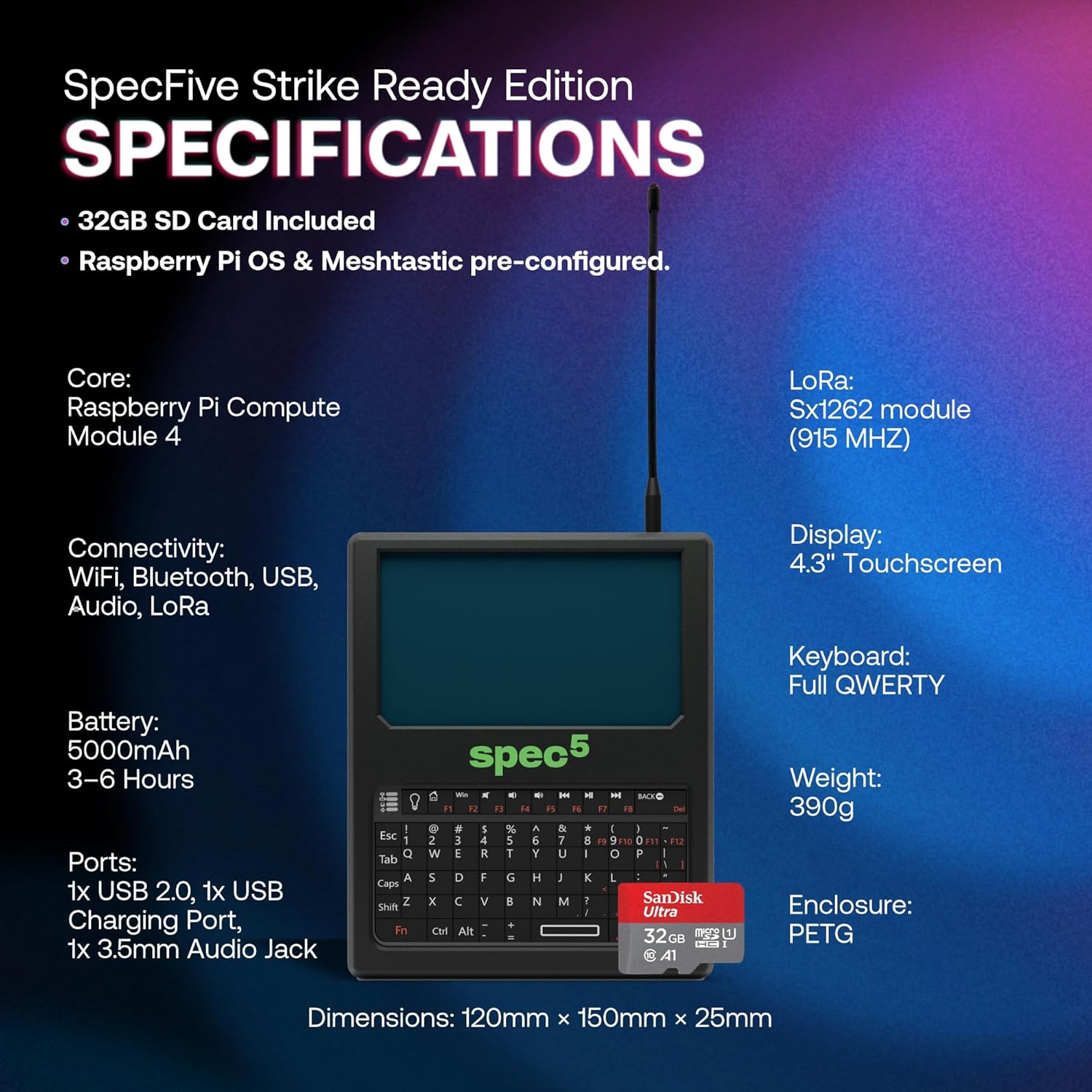 SpecFive Strike Ready Edition Handheld Linux Computer (Pi CM4), Custom-Built Motherboard, LoRa Mesh, Preloaded Pi OS + Meshtastic, Touchscreen, Keyboard, Wi-Fi, Bluetooth
