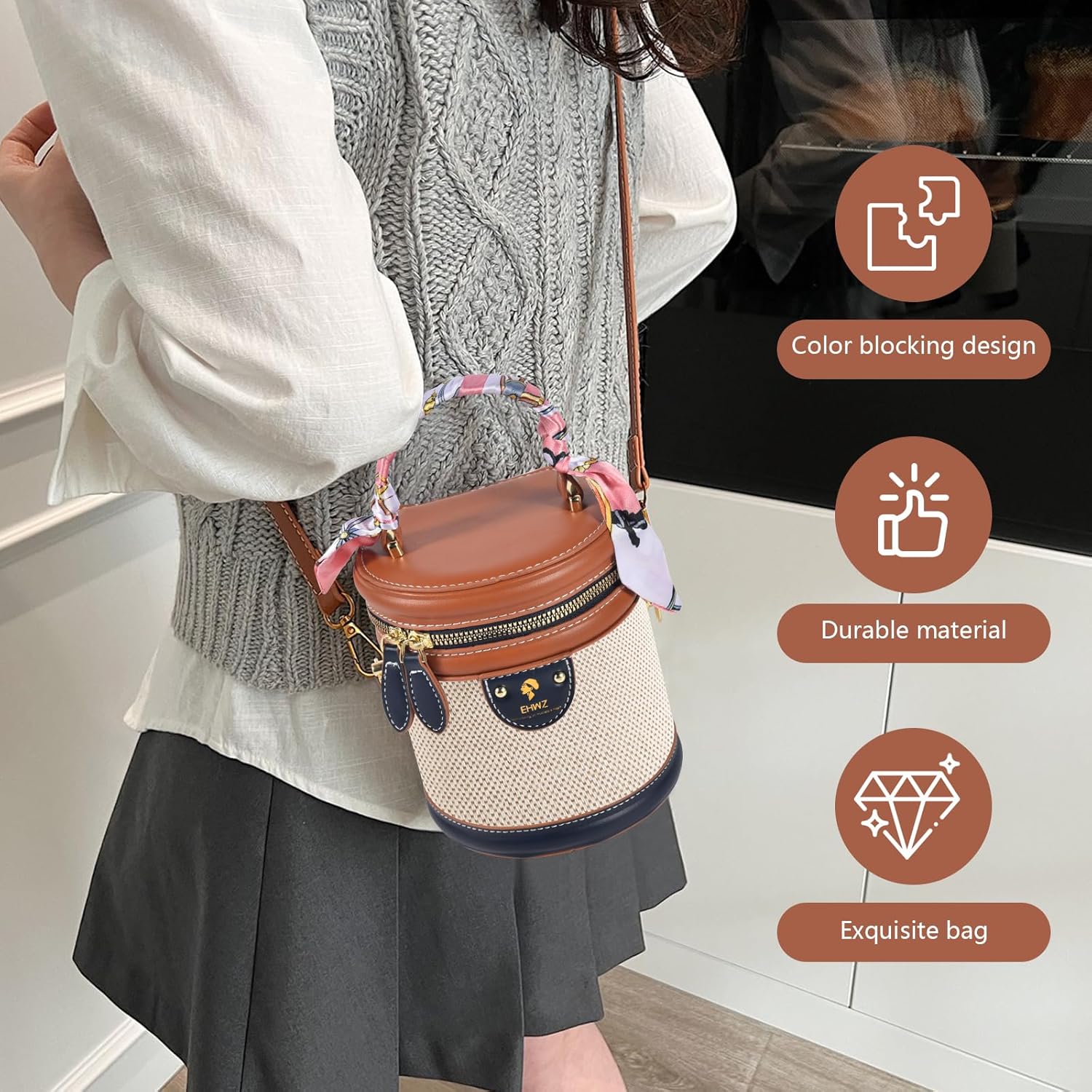 2025 Colorblock Bucket Bag for Women,Retro Crossbody Bags for Women Female PU Leather Color Contrast Cylinder - Image 4