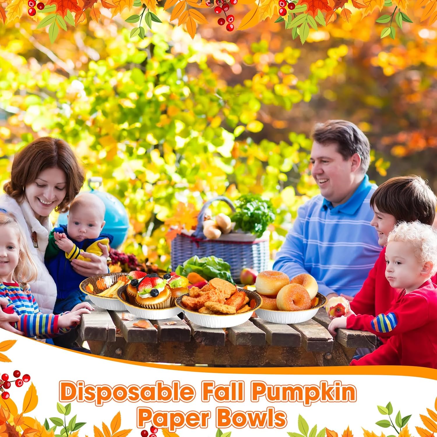 Sliner 100 Pcs 12 oz Fall Thanksgiving Paper Bowls Orange Pumpkin Pattern Hot Soup Bowls Fall Disposable Serving Salad Snack Plates Cups for Dessert Milk Cereal for Autumn Thanksgiving Holiday Party