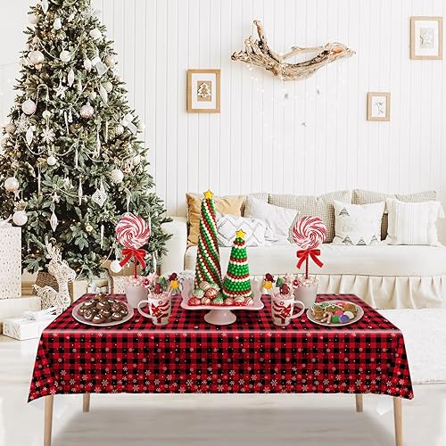 Miniatura 6 de Mantel de plástico a cuadros de búfalo rojo, diseño de copos de nieve, mantel de Navidad para fiesta de cumpleaños, rectangular, 54 x 108 pulgadas