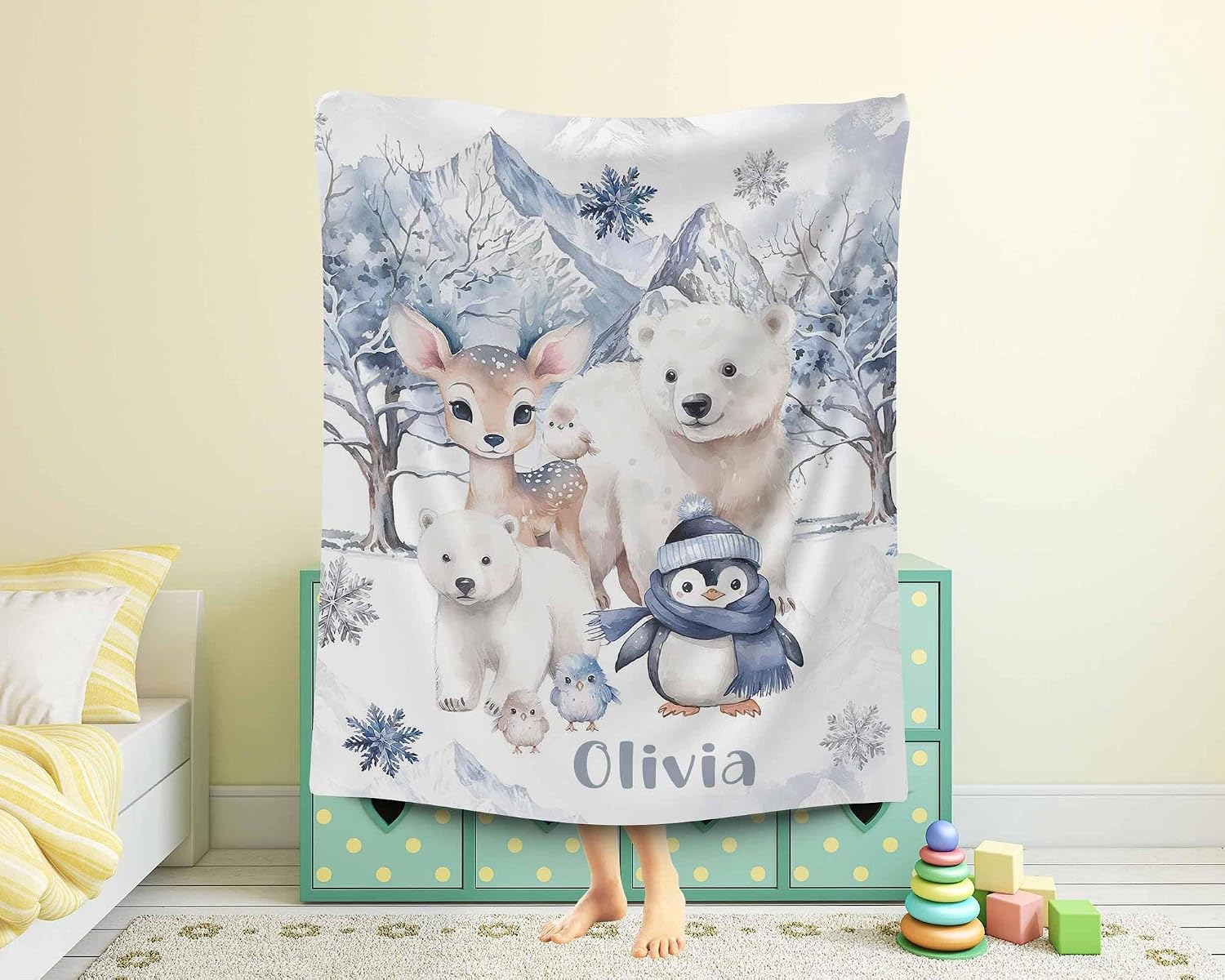 Baby Christmas Blankets, Winter Animals Infant Blanket, Woodland Holiday Quilt, Christmas Nursery Decor, Xmas Infant Comforter, Custom Shower Present, Kids Name Throw, Girl Plush Toddler Keepsake