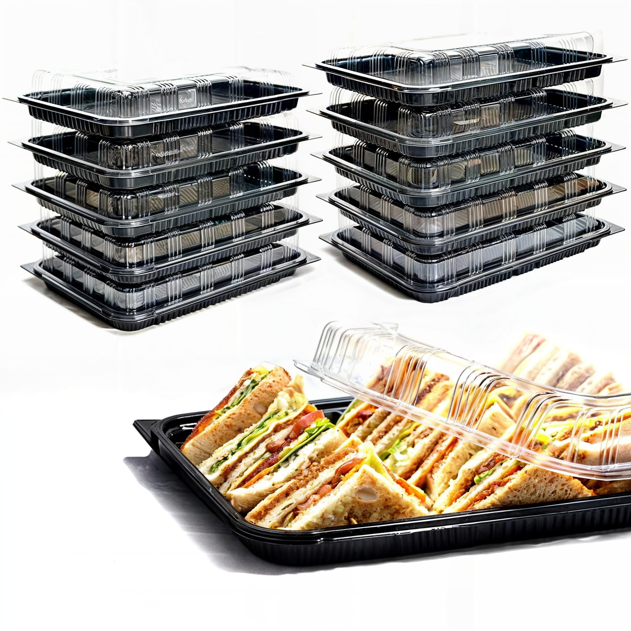 Zumart Pack of 10 Sandwich Platter Trays With lids - Reusable Plastic Catering Trays With Lids for Meal Prep, Cakes, Treats and Sandwiches (44cm x 31cm x 7.5cm)