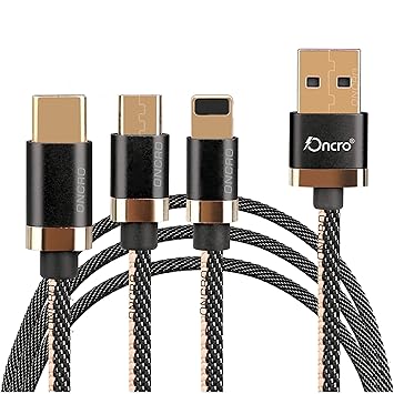 ONCRO Black 3.0A 3 in 1 Cable Nylon Duo Jean Braided Fast, Rapid, Super Charging, 3.3 ft 3in1 car Multi Charger Cable for for Micro USB, i-Phone & Type C Devices.