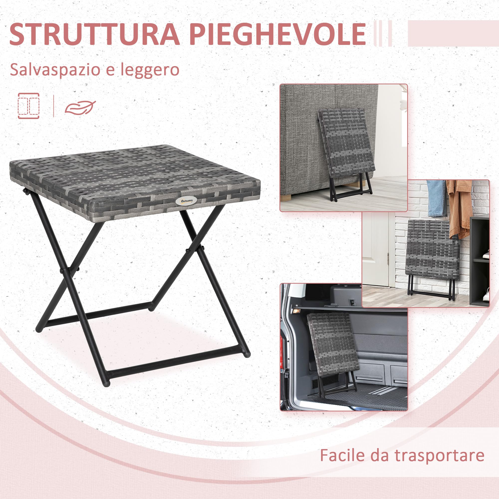 Outsunny Tavolino da Giardino Pieghevole in Rattan Sintetico e Acciaio 40x40x40cm Grigio