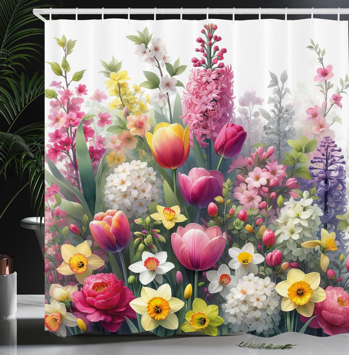 Ambesonne Spring Shower Curtain, Wonderland Jungle Themed Blooming Floral Scene with Delicate Petals Greenery, Cloth Fabric Bathroom Decor Set with Hooks, 69" W x 84" L, Magenta Multicolor