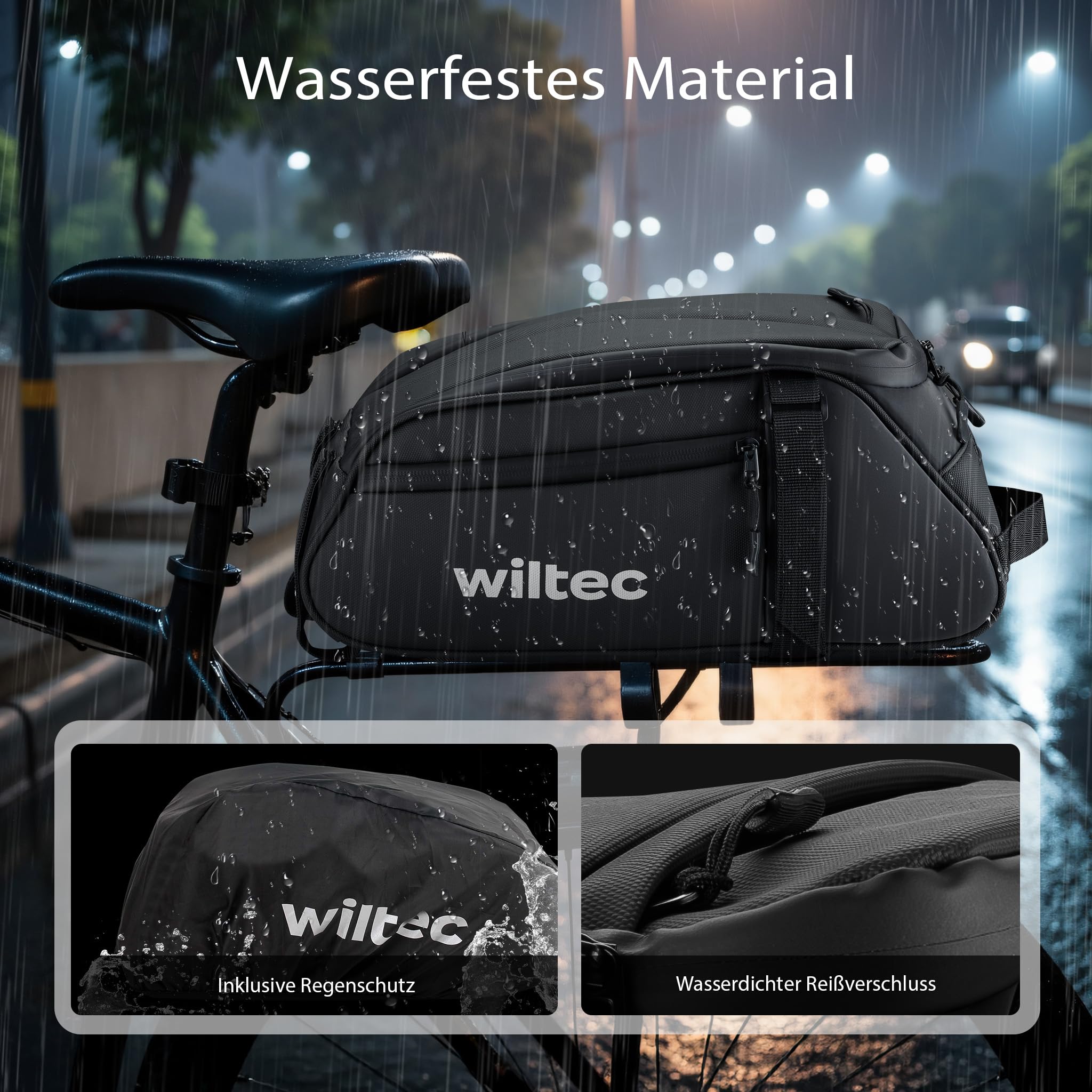 Wiltec Gepäckträgertasche schwarz, Fahrradtasche Gepäckträger 8 l Stauraum, Gepäcktasche mit Tragegurt, Fahrrad Tasche wasserresistent mit Reflektoren