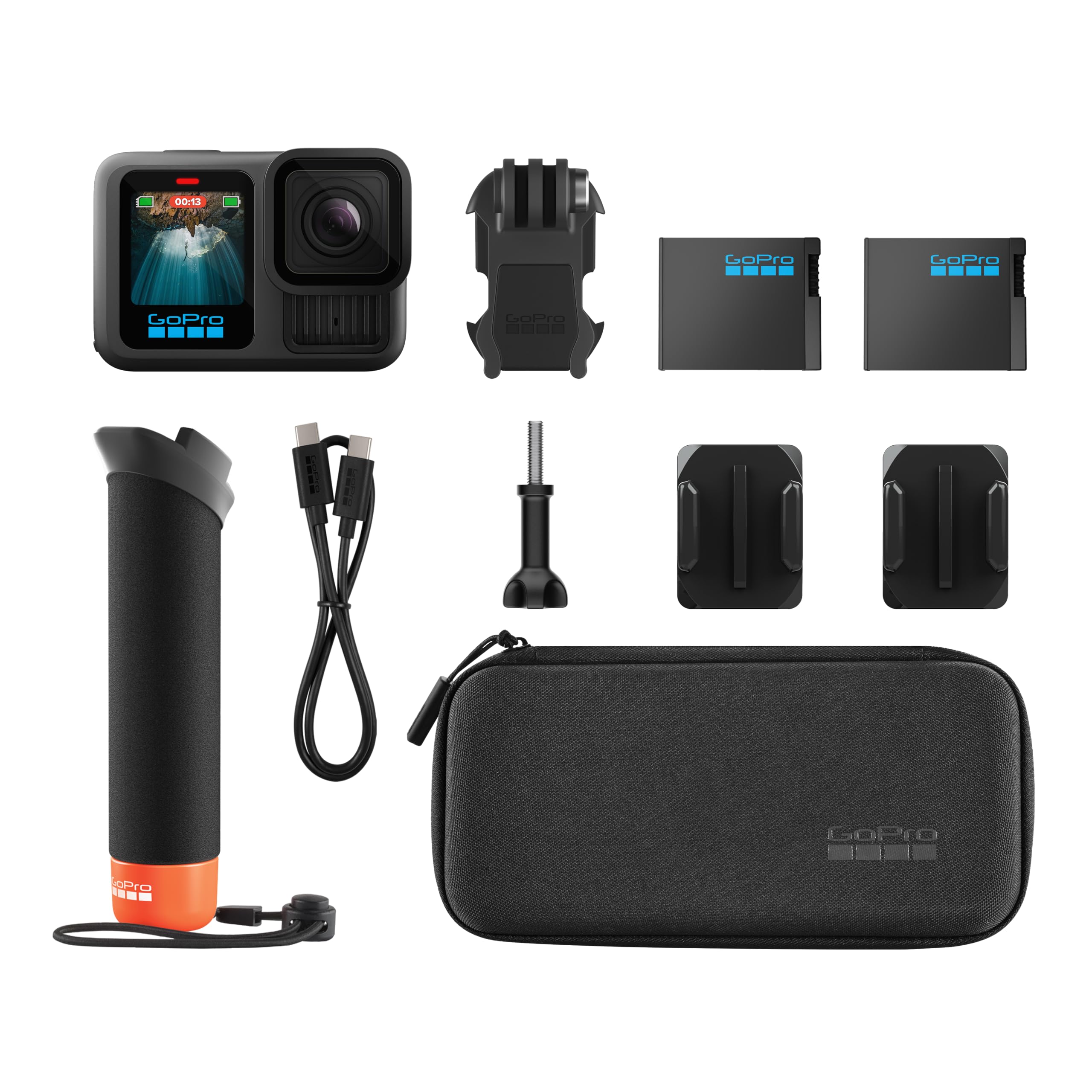 GoPro HERO13 Black Zubehörpaket – enthält den Handler (schwimmender Handgriff), 2 Enduro-Akkus, 2 Gebogene Klebehalterungen, Tragetasche und mehr