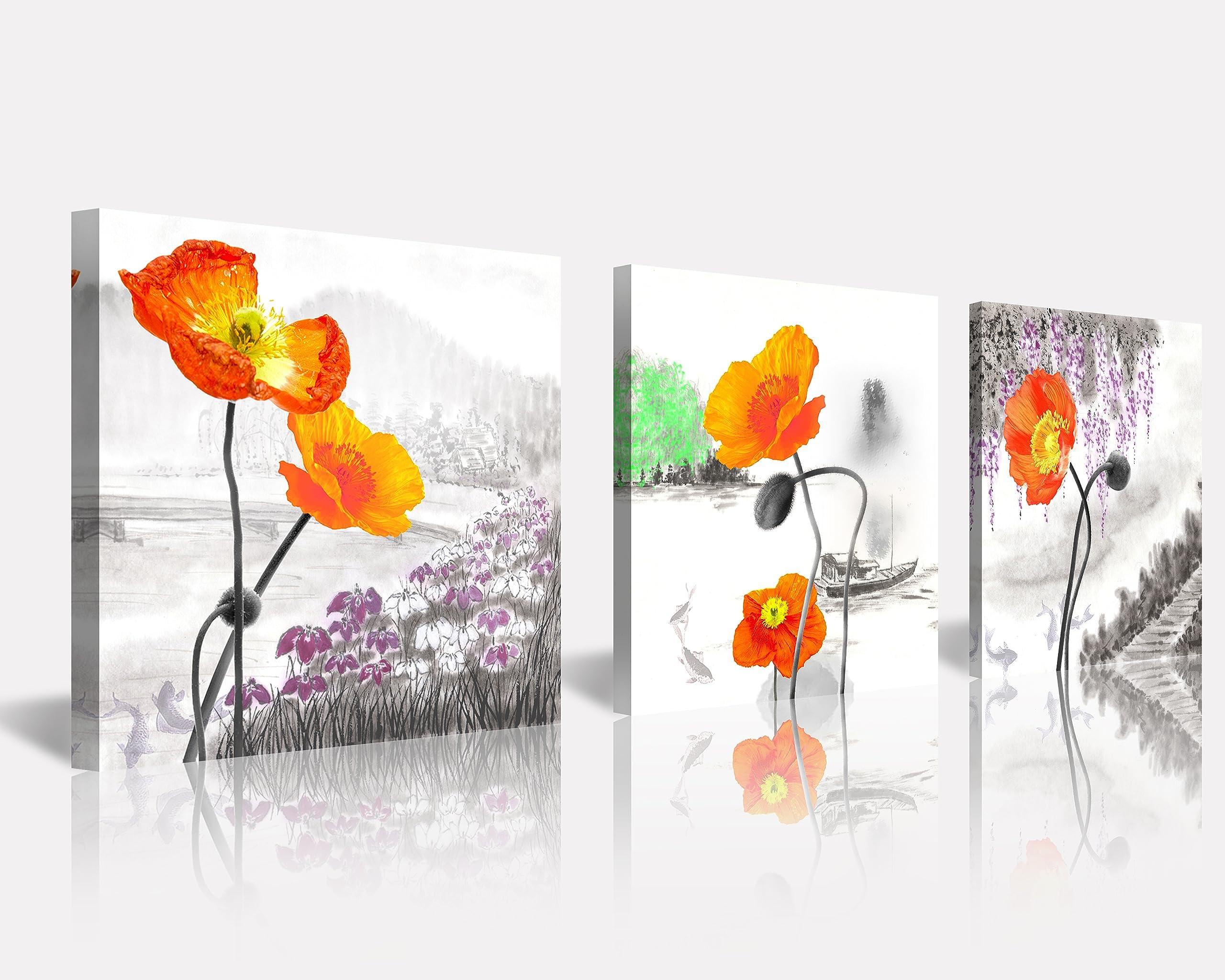 NAN Wind Small Size Poppy Flowers Canvas Prints 3 Panels Wood Framed Orange Poppy Print Wall Art Flowers Print Painting 12x12inches 3pcs/set