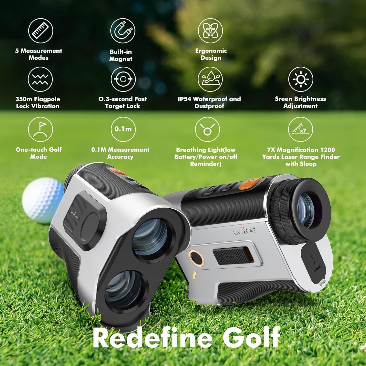 LAZYCAT Télémètre de golf avec pente, télémètre laser de 1 200 m à intensité variable, grossissement 7x, vibration de verrouillage du drapeau, mesure la vitesse, rechargeable avec aimant